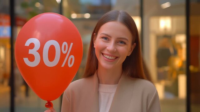 Smiling woman holding a discount balloon with a store background, video indicating product discounts, promotional videos.