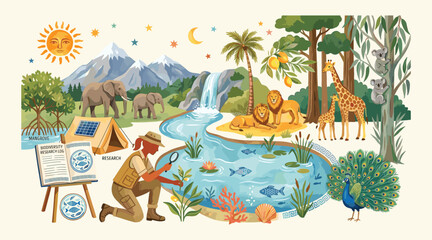 Ecologist studying a vibrant ecosystem with diverse wildlife and plants by a pond. Environmental research and biodiversity conservation illustration. © bow
