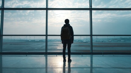 Fototapeta premium Silhouette of male traveler with backpack gazing out large airport window at sunrise