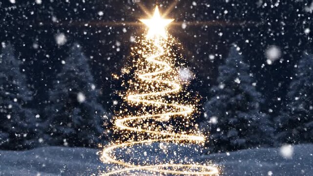Time lapse static shot of glowing light spirals forming christmas tree with star in snowy pine forest at night
