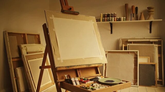 Creative Art Studio Interior with Empty Canvas on easel paints and supplies inspiring artistic process and hobby
