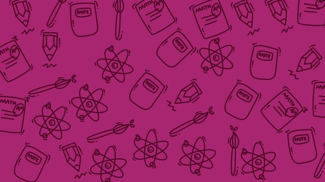 Pink background with hand-drawn school items. Atoms, pencils, books, and arrows fill the space. Simple sketches convey education and science themes. Vibrant color suits classroom, study
