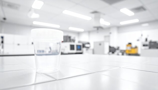 Clear plastic specimen cup with lid on laboratory counter, ready for scientific analysis