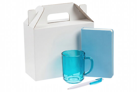 Corporate Gift Set featuring White Gable Box Blue Notebook Glass Mug and Pen