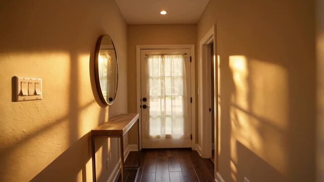 Golden Hour Sunlight Illuminating Home Interior Hallway with Round Mirror and console table warm cozy atmosphere