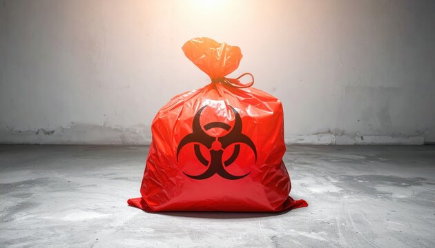 Bright Red Medical Biohazard Waste Bag Tied Shut With Universal Symbol, Highlighting Infectious Material Disposal