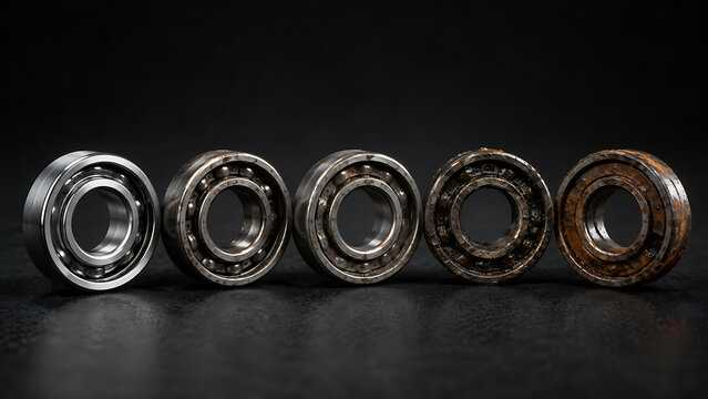 Five metal ball bearings with varying stages of rust and oxidation on black background oxidation corrosion mechanical engineering industrial degradation hardware component