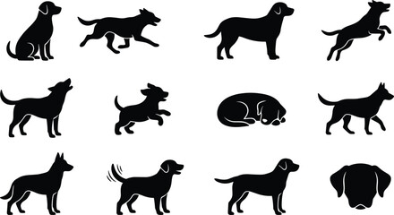 Obraz premium Black Silhouette Dog Poses and Breeds Icon Set with Sitting Running Jumping Sleeping and Standing Animal Symbols Vector