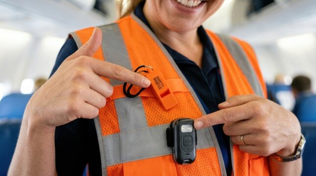 Female flight attendant in orange safety vest points to device on uniform inside airplane cabin