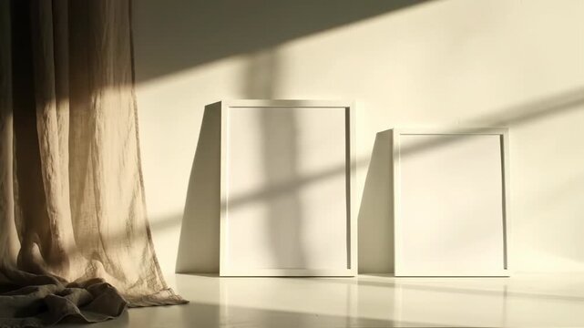 Wide video: three matte white frames on a white surface with golden hour light and shifting sunbeams creating dynamic shadows. Concept of light and shadow play