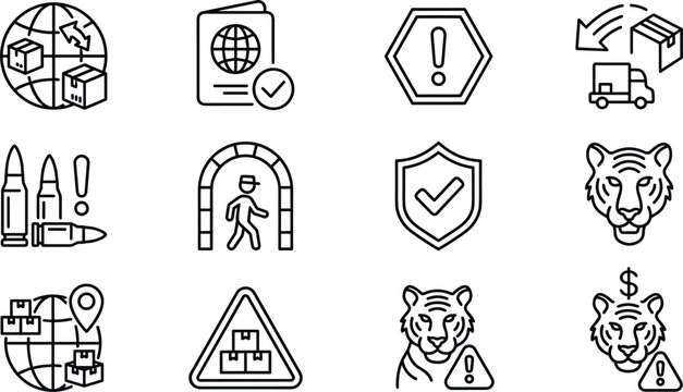 Custom regulations and illegal wildlife trade smuggling outline line icon set vector illustration isolated on white background