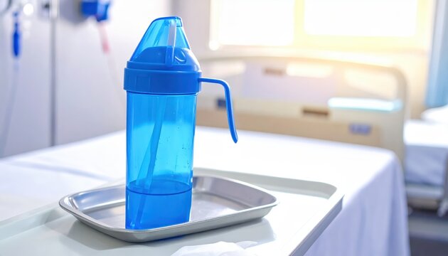Blue plastic water pitcher with straw and lid on a tray in a hospital setting