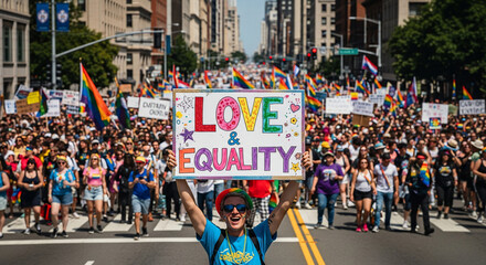 Obraz premium Person holding a Love Equality sign at a pride parade.