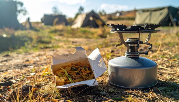 Camping Meal Ready to Eat box open next to portable stove in outdoor campsite setting