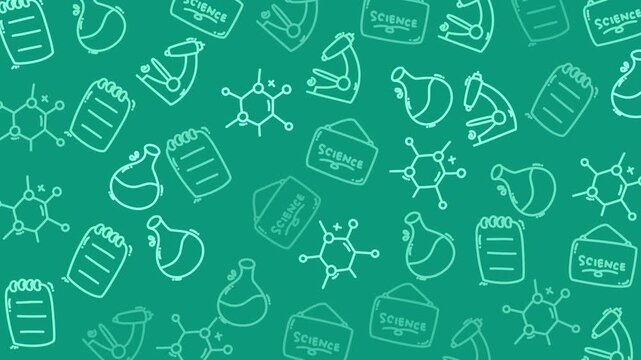 Green background with science-themed doodles. Chemical structures, beakers, and notebooks float randomly. Each doodle outlined in soft white against teal backdrop