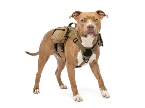 Brown Pit Bull Dog Wearing A Tan Tactical Harness With Side Pouches