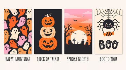 Collection of four Halloween social media story templates featuring illustrations of colorful ghosts, stacked jack-o'-lantern pumpkins, a spooky graveyard sunset, and a cute spider with candy © Colourfull