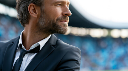 Naklejka premium Football manager standing on a stadium in a suit watching the game with a serious expression, coach match strategy concept, faceless, defocused crowd background, with copy space