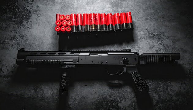 Black Pump Action Shotgun With Red Loaded Shells In Side Saddle Holder On Dark Surface