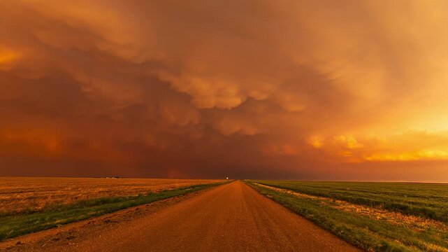 Dramatic Mammatus Clouds Over Supercell At Sunset Time lapse
