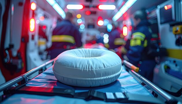 Cervical collar resting on a paramedic's gurney inside an ambulance, prepared for emergency medical care.