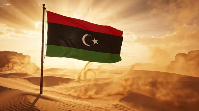 Libyan flag in desert sandstorm