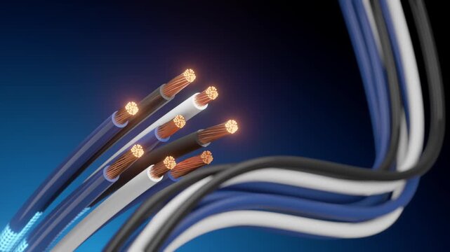 Close-up 3D render of stripped copper wire cables with glowing ends and transparent insulation on blue background. Electric power connection concept for technology, engineering, and energy industry
