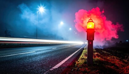 Obraz premium Bright red traffic flare illuminates the dark roadside at night, creating dense smoke and a vivid warning signal.