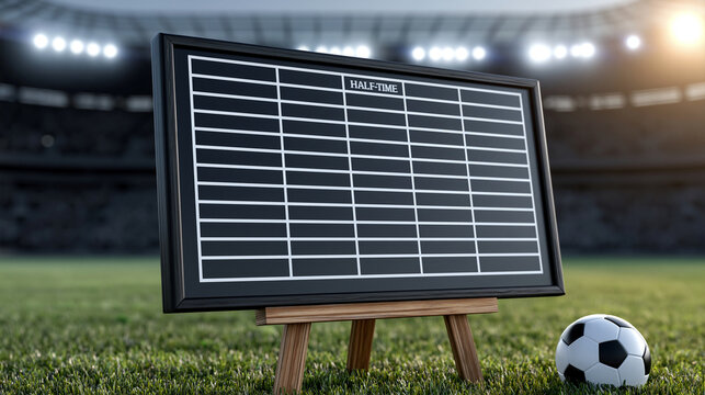Half-time sports statistics scoreboard with a blank table layout for a football game, team performance indicators with a dark stadium background, editable template concept, with