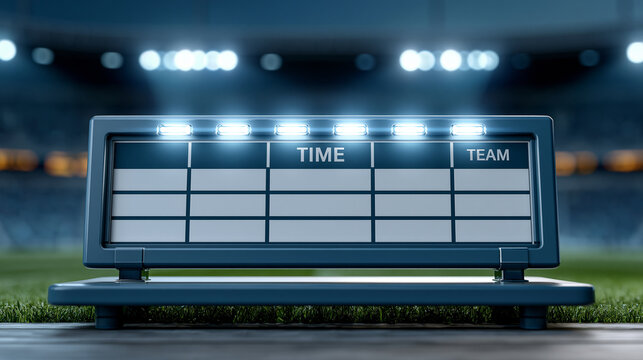 Half-time sports statistics scoreboard with a blank table layout for a football game, team performance indicators with a dark stadium background, editable template concept, with