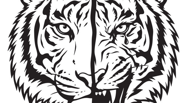 Split tiger face, black and white vector, illustration, animal design element