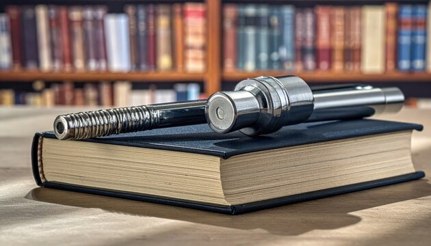 Chrome Plated Reflex Hammer and Tuning Fork Resting on an Open Book in a Library Setting