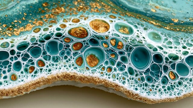 Fluid Resin Pour Teal Gold Bubble Cell Texture