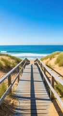 Obraz premium A beautiful wooden walkway over coastal sand dunes, creating a clear pathway leading to the vast blue ocean under a bright summer sky, holiday, coast, tranquil