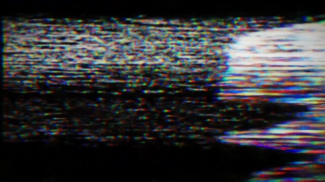 An abstract, full-frame cinematic video of a rapidly flickering digital screen with dense static lines, RGB glitch artifacts, and flashes of pure white. Concept of digital breakdown and cyber-punk