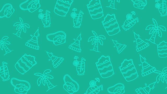 Summer vibes, beach holiday, tropical escape, refreshing drinks, festive hats. Teal background, whimsical line art, beach party elements scattered. Perfect for vacation themes, summer campaigns