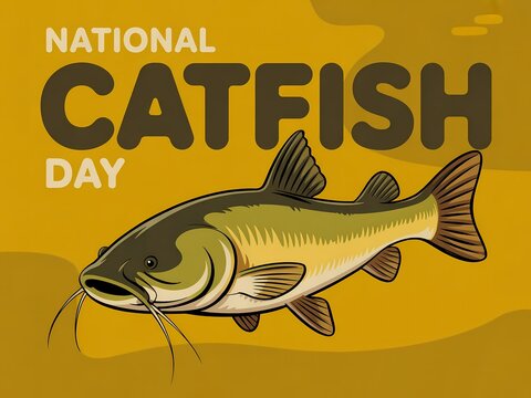 National catfish day illustration with a detailed catfish drawing on a yellow background