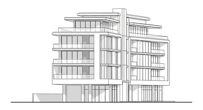Modern multi-story residential building architectural line drawing, contemporary apartment condominium design blueprint render illustration