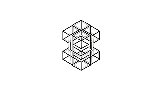 Abstract 3D wireframe cube structure, minimalist black and white geometric pattern, interconnected network design, digital technology concept
