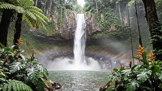 Slow motion static shot of waterfall cascading into rainforest pool with surrounding tropical plants and rainbow mist