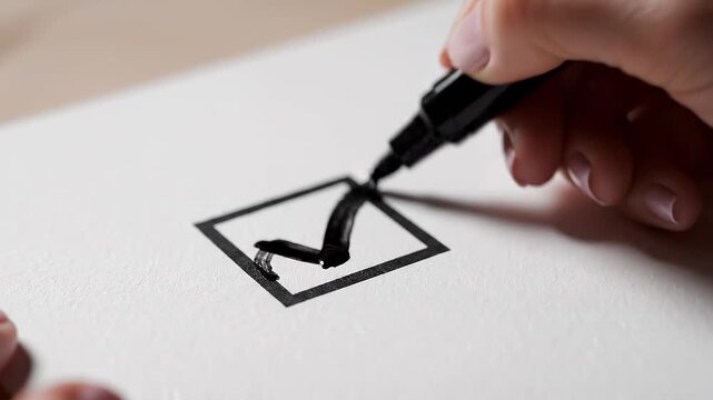 Tracking closeup shot of hand marking checkbox with black marker on textured white paper surface, slow pen stroke revealing check mark