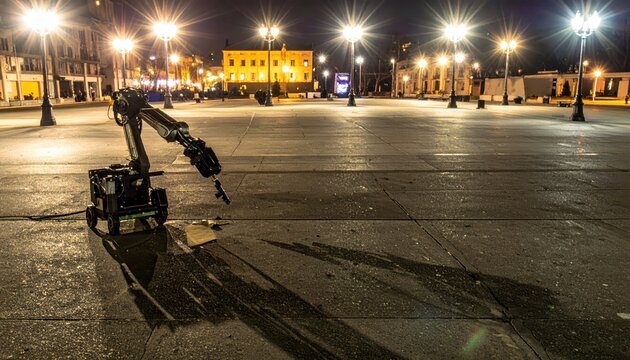 Bomb disposal robot's manipulator arm carefully approaches suspicious package in a brightly lit urban square at night, showcasing advanced safety technology.