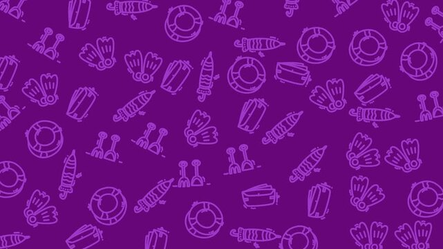 Purple background filled with beach toy icons. Simple outlines of floaties, flippers, and paddles. Playful design evokes summer and water fun. Perfect for vacation or poolside themes