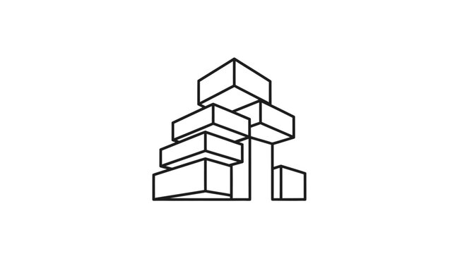 Minimalist isometric outline illustration of stacked rectangular blocks forming an abstract structure.