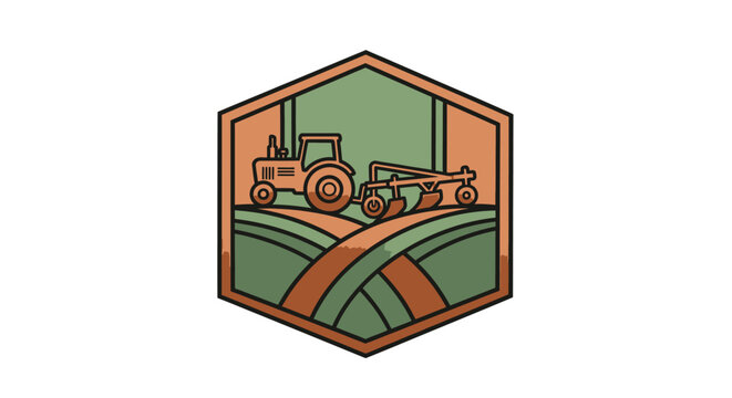 Tractor pulls cultivator through rolling hills in a rural landscape scene