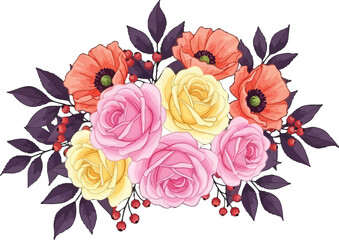 Fototapeta premium Floral bouquet illustration with pink roses yellow roses and orange poppies with dark leaves vector graphic design