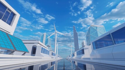 Naklejka premium Modern Luxury Yachts Docked at Marina with Wind Turbines Under Sunny Sky