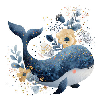 Whimsical watercolor whale surrounded by flowers and stars