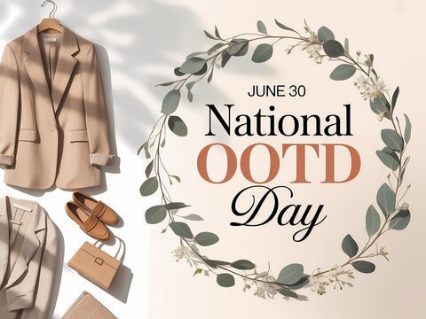 National ootd day celebration with stylish beige blazer, loafers, and handbag flat lay on a neutral background