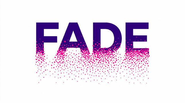 FADE word with dissolving pixel effect in purple and pink on a white background, modern vector illustration